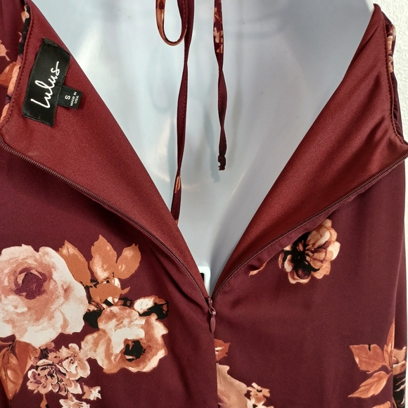 Lulu's Rancho Burgundy Floral Print Lace-Up Maxi Dress Women's Size S - Picture 13 of 14